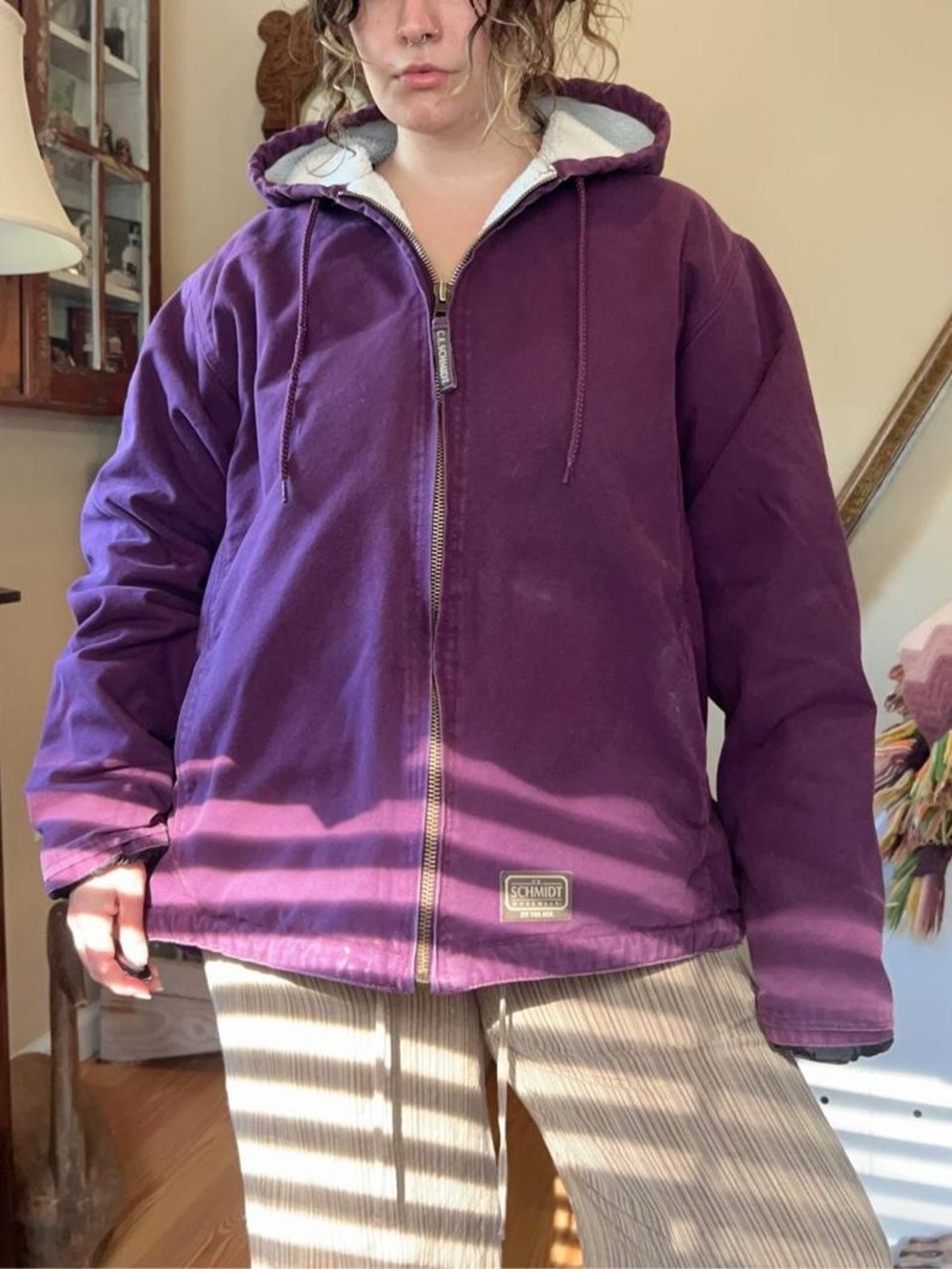 Vintage Y2K Purple Schmidt Workwear Canvas Sherpa Jacket Hooded Women’s 2XL